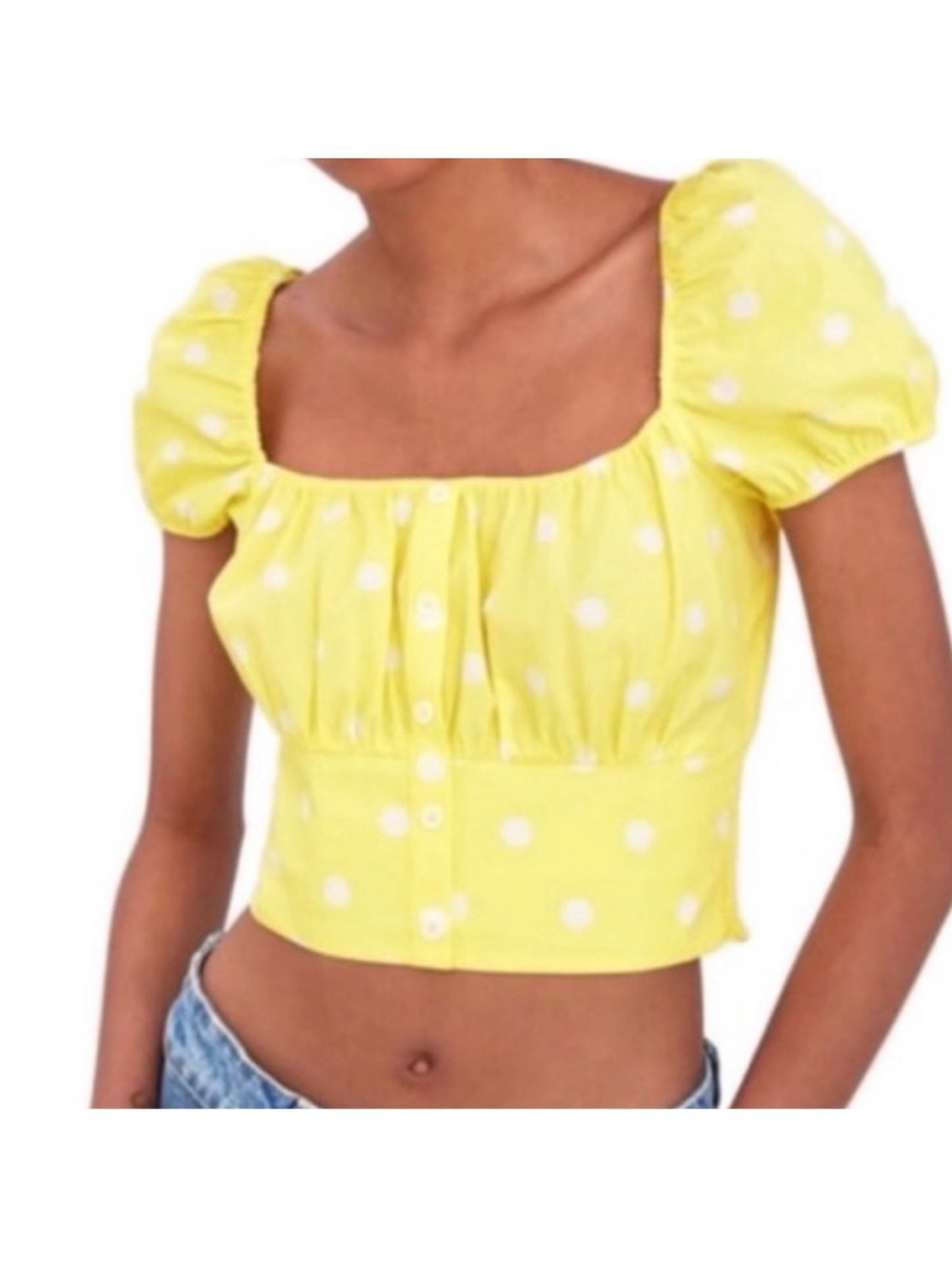 Zara Yellow Polka-Dot Puff Sleeve Crop Top XS